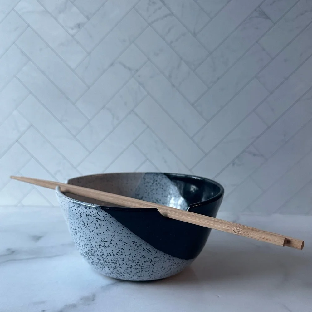 Handmade Ceramic White & Black Ramen Bowl with Chopsticks - After Hours Pottery